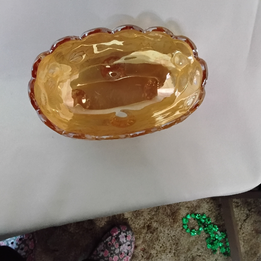 1950's Jeanette Glass  Iridescent Floragold Footed Amber Glass Decorative Bowl
